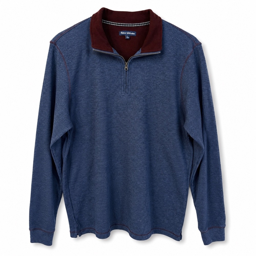 Report Collection Mens Large Navy Blue Waffle Knit Quarter Zip Pullover 236202ST